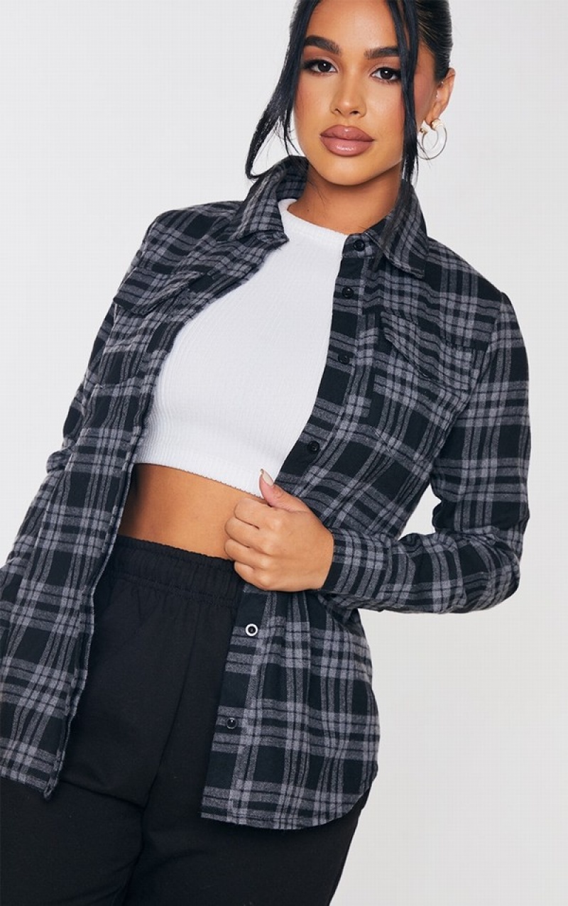 Grey Pretty Little Thing Petite Oversized Checked Boyfriend Shirts | DJLPGOX-37