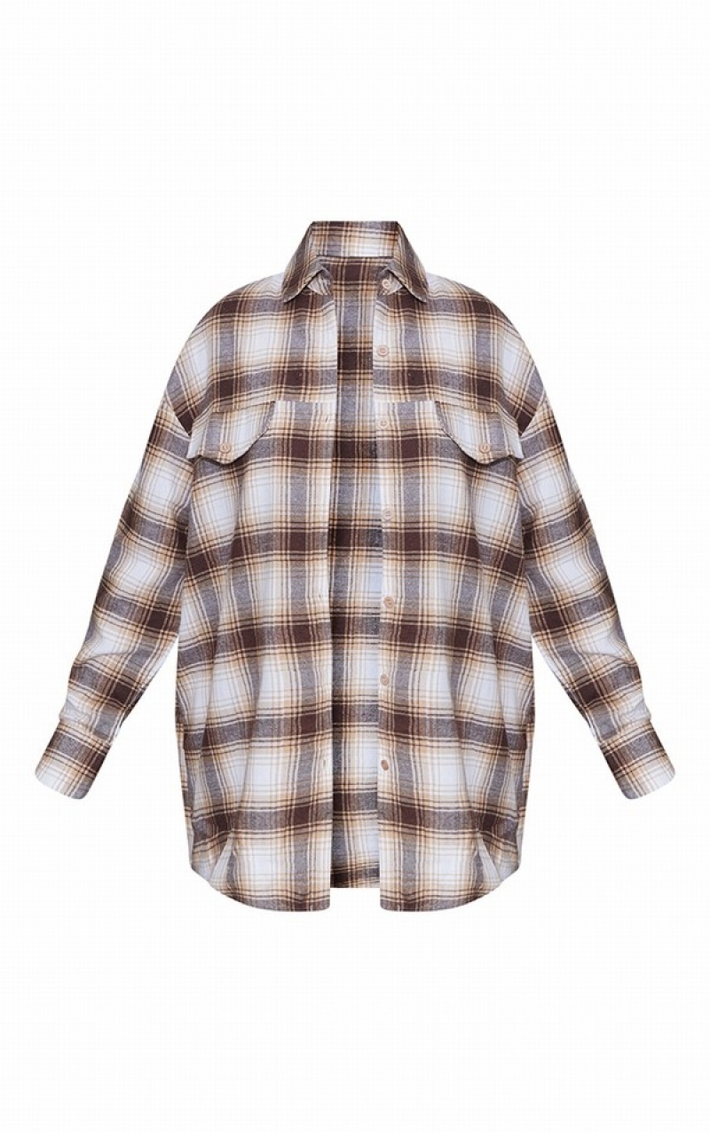 Grey Pretty Little Thing Petite Stone Checked Oversized Shirts | TFRABUH-58