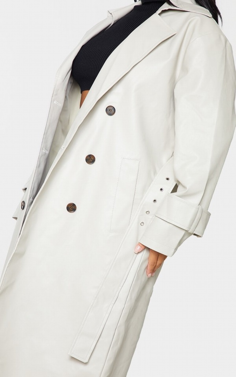 Grey Pretty Little Thing Petite Stone Faux Leather Sleeve Detail Trench Coats | VABNKFZ-10