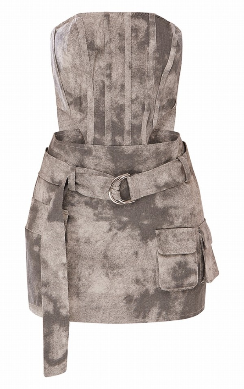 Grey Pretty Little Thing Petite Washed Cargo Dresses | FUZHILT-38