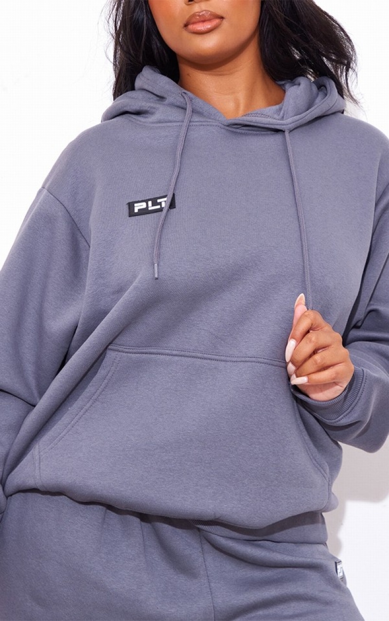 Grey Pretty Little Thing Plus Charcoal Logo Badge Detail Oversized Hoodie | ECZMRVH-24