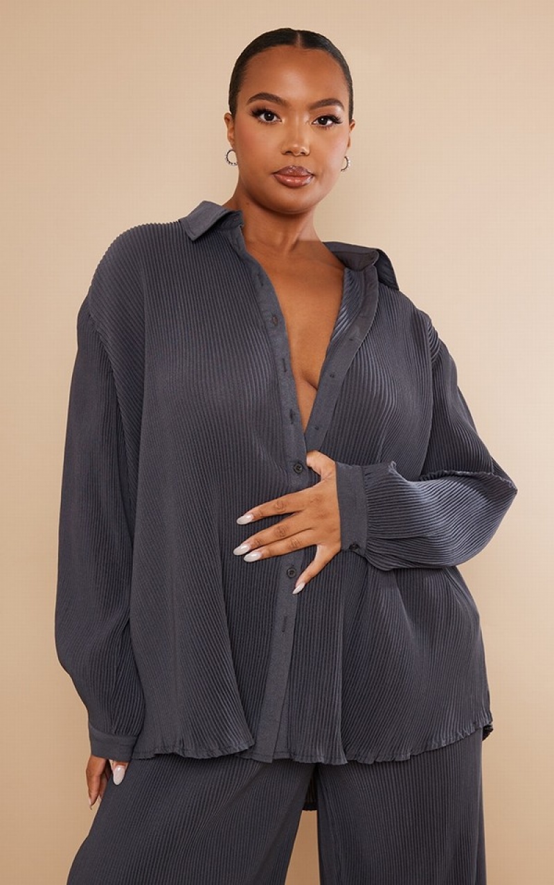 Grey Pretty Little Thing Plus Charcoal Plisse Button Front Oversized Shirts | NTWKFSD-93