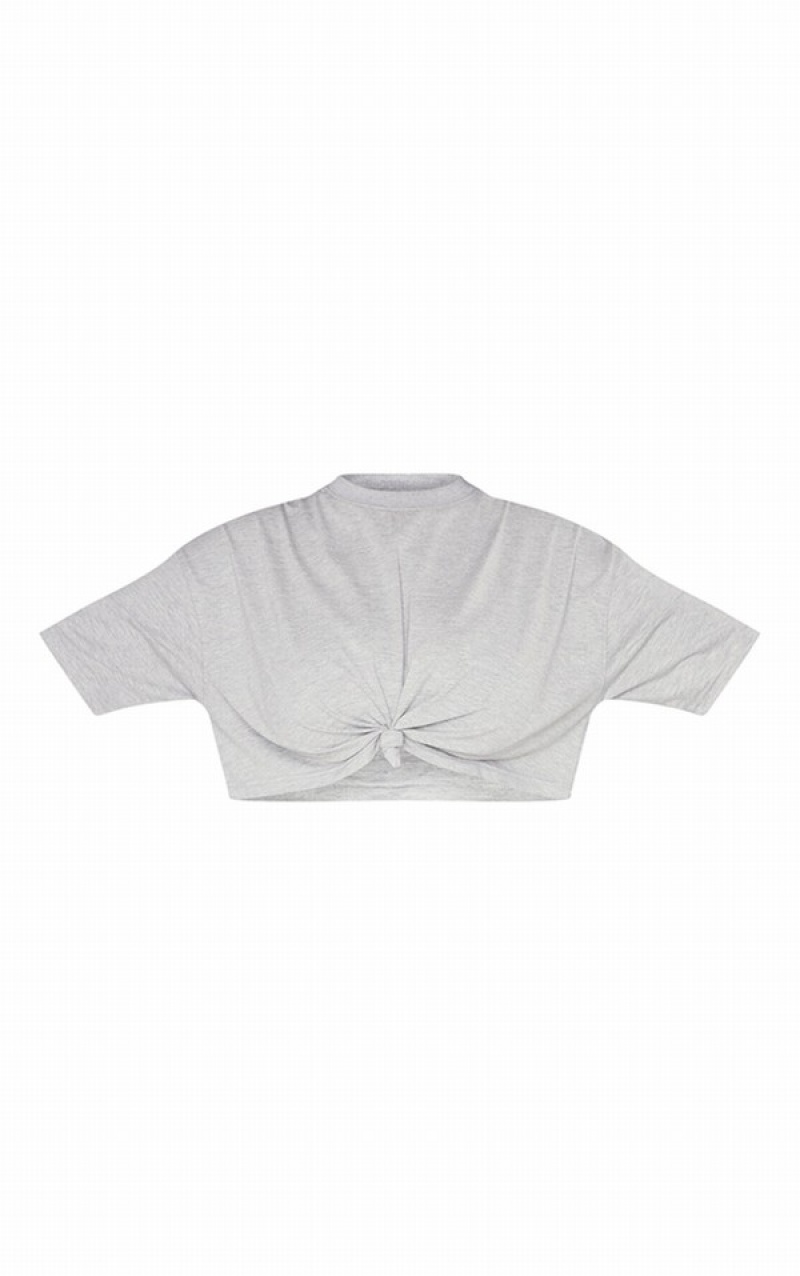 Grey Pretty Little Thing Plus Marl Knot Front Crop T-shirts | WGOYFIN-52