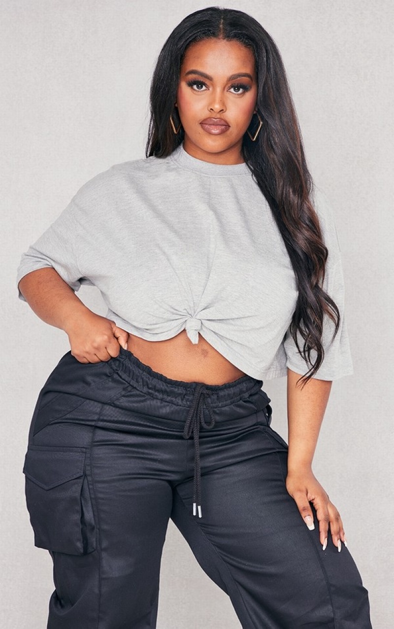 Grey Pretty Little Thing Plus Marl Knot Front Crop T-shirts | WGOYFIN-52