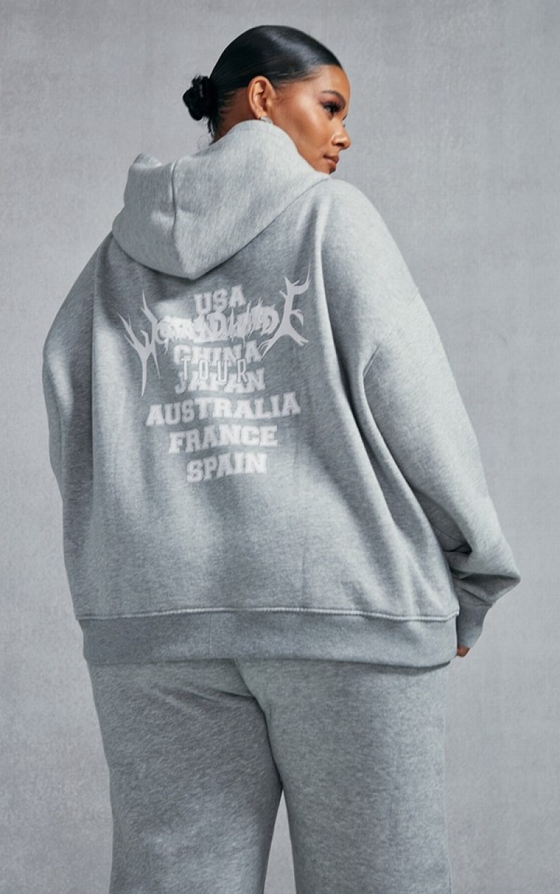 Grey Pretty Little Thing Plus Marl Worldwide Graphic Zip Up Hoodie | FAKHMIE-12