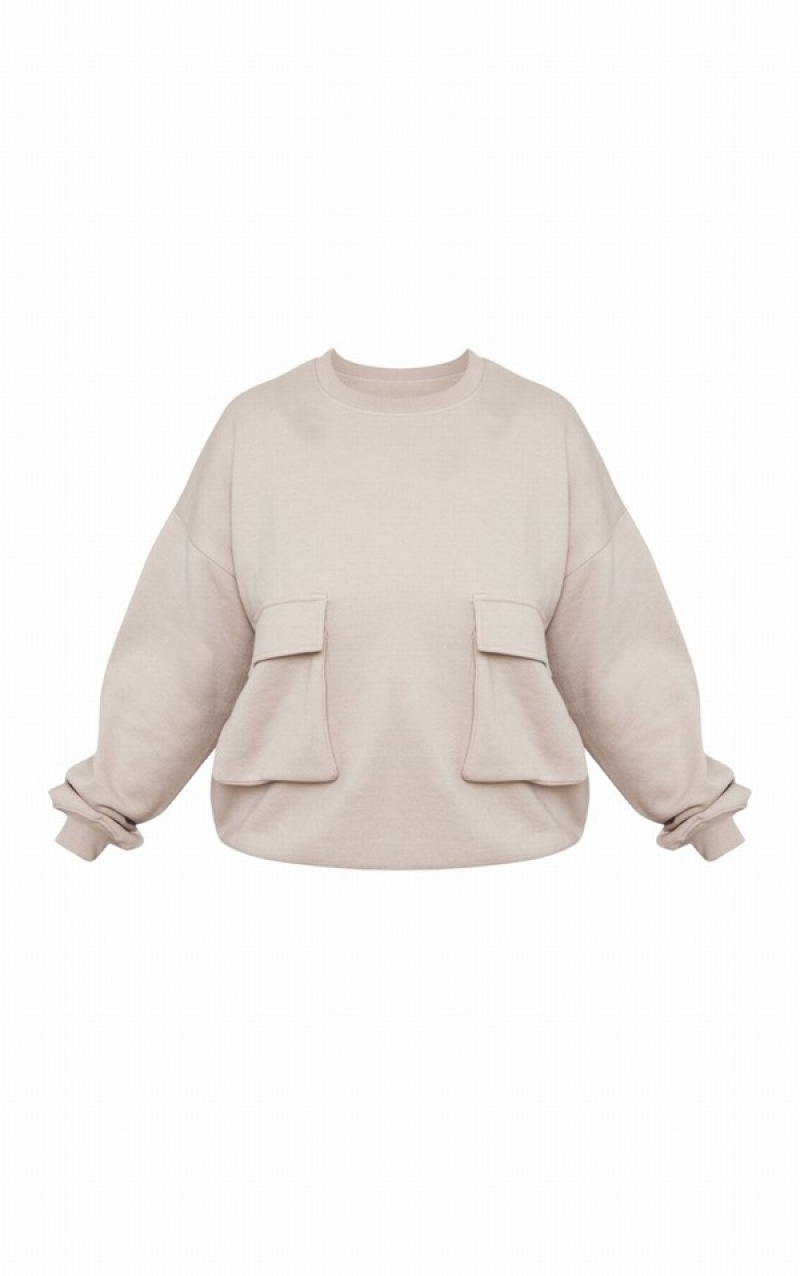 Grey Pretty Little Thing Plus Stone Cargo Sweatshirts | PRVAMXS-04