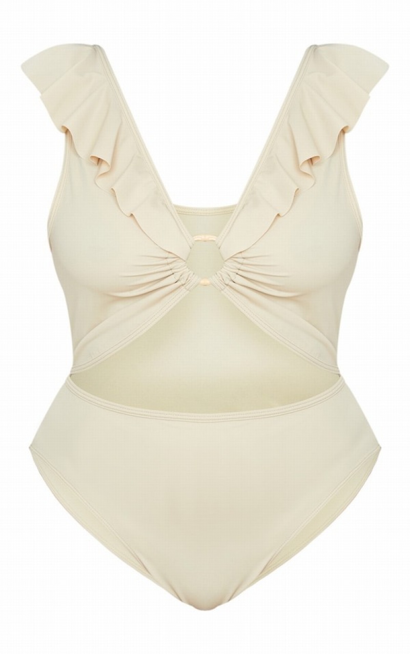 Grey Pretty Little Thing Plus Stone Frill Edge Detail Cutout Swimsuits | OBHMJNA-90