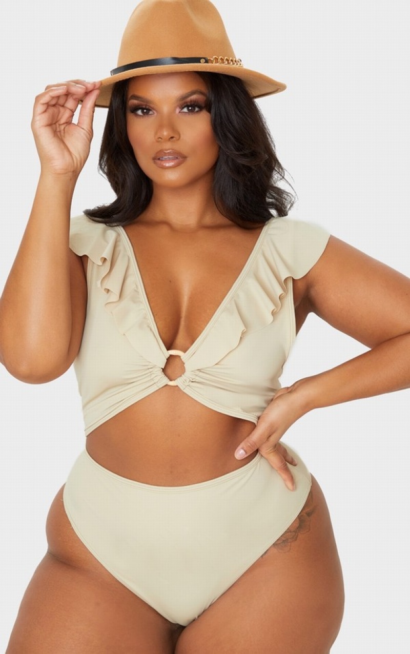 Grey Pretty Little Thing Plus Stone Frill Edge Detail Cutout Swimsuits | OBHMJNA-90