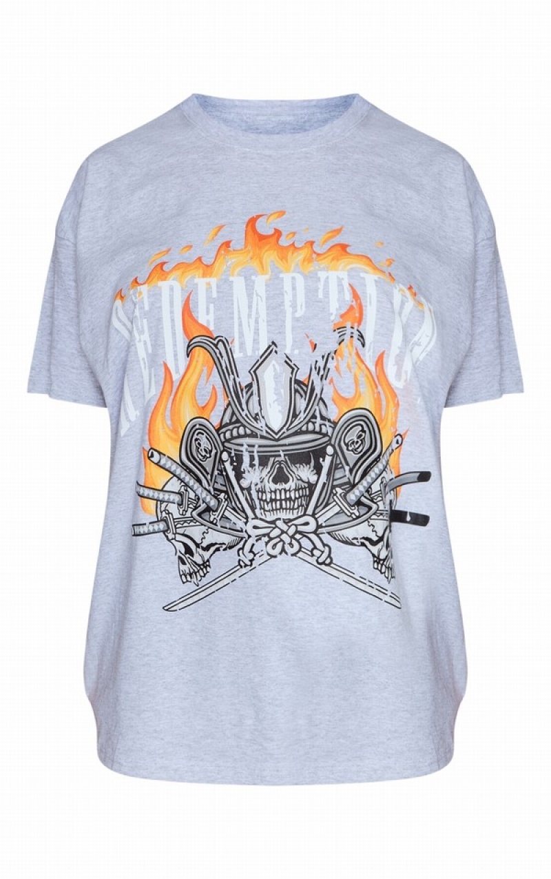 Grey Pretty Little Thing Redemption Flame Print Oversized T-shirts | DBQVPAI-03