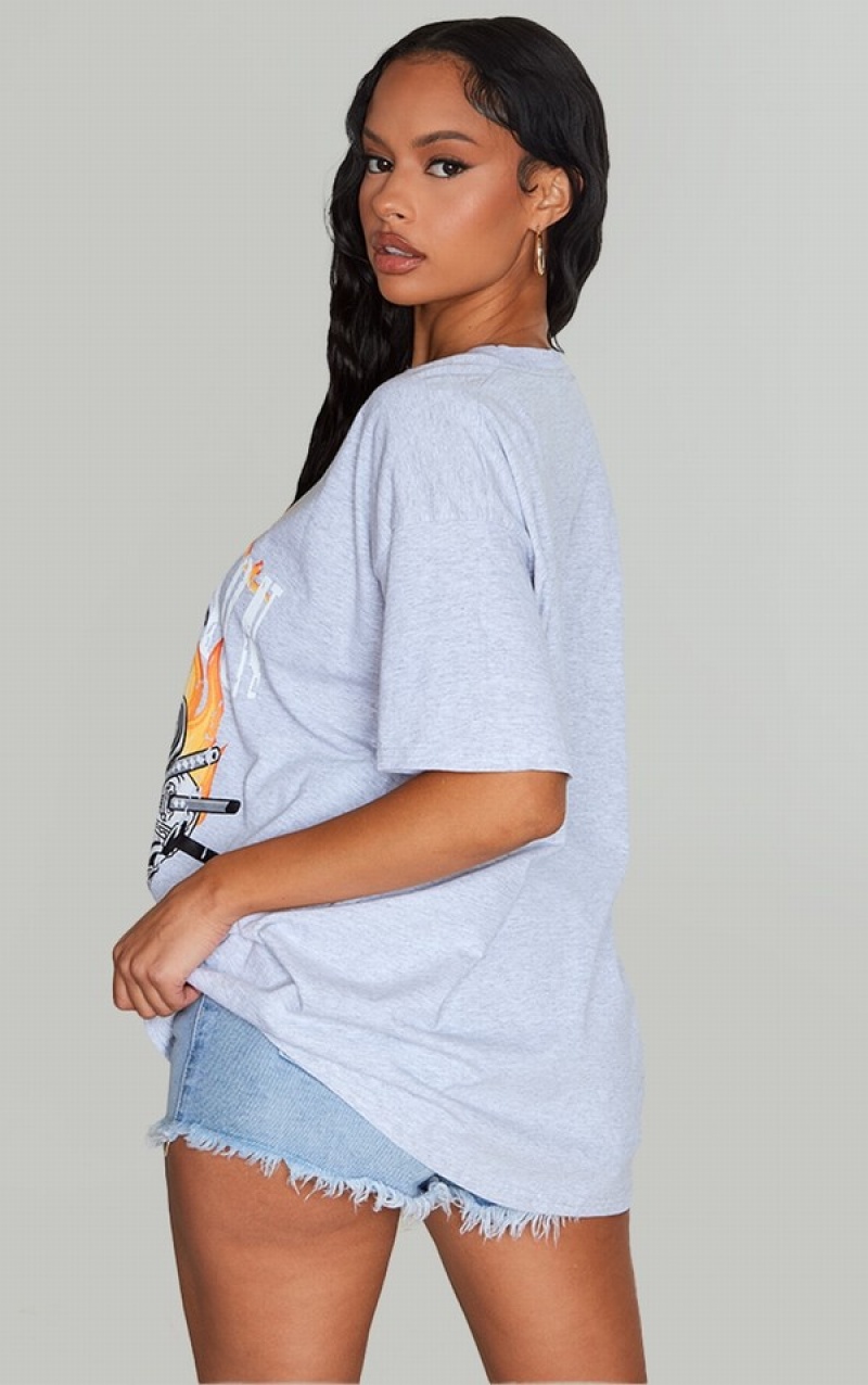 Grey Pretty Little Thing Redemption Flame Print Oversized T-shirts | DBQVPAI-03