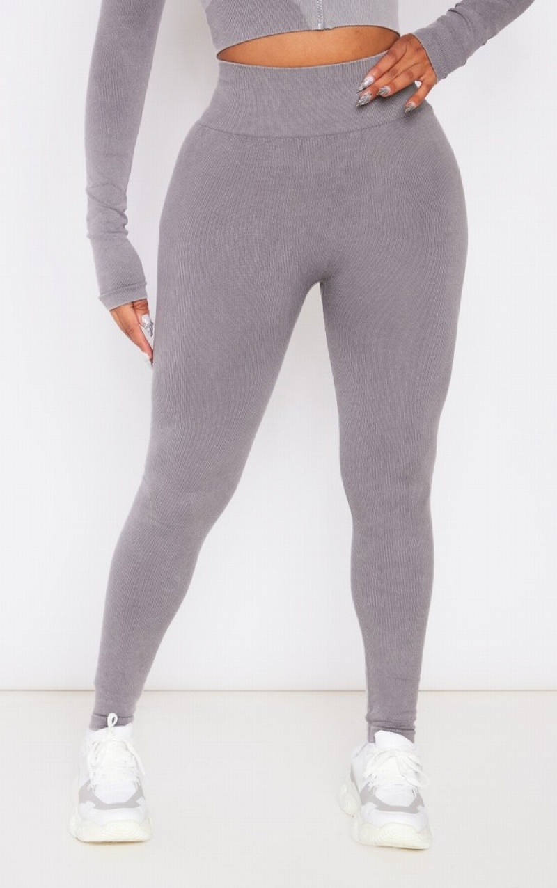 Grey Pretty Little Thing Shape Acid Washnded Panel Deep Waistband Gym Leggings | FNIATDM-41