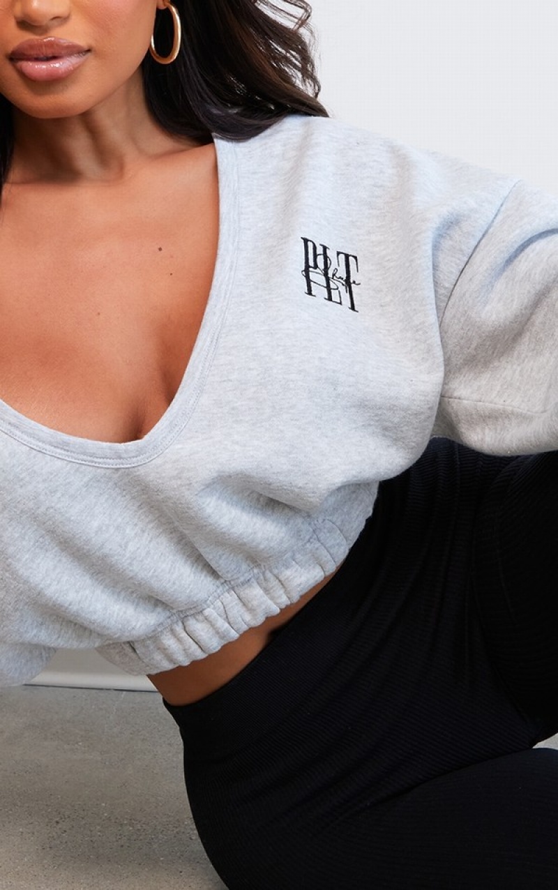 Grey Pretty Little Thing Shape Ash EmbroideCropped Sweatshirts | QUNAZHY-30