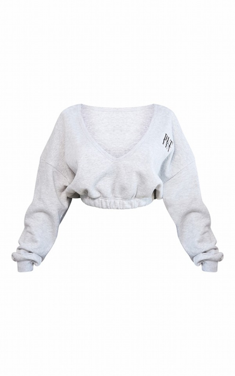 Grey Pretty Little Thing Shape Ash EmbroideCropped Sweatshirts | QUNAZHY-30