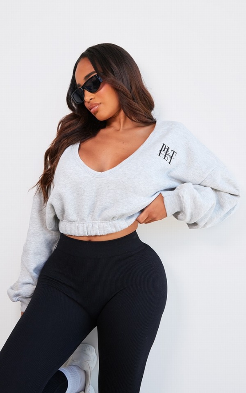 Grey Pretty Little Thing Shape Ash EmbroideCropped Sweatshirts | QUNAZHY-30