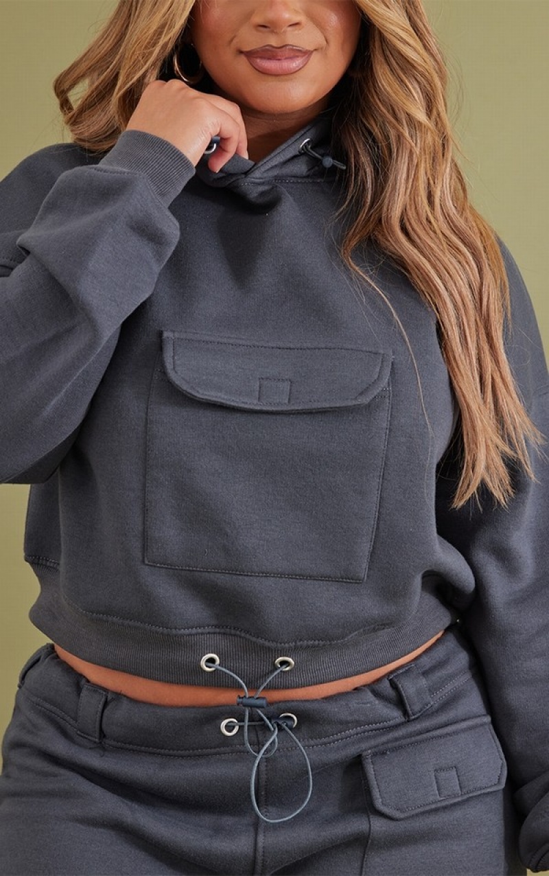 Grey Pretty Little Thing Shape Charcoal Toggle Pocket Detail Cropped Hoodie | YRPTOQB-03