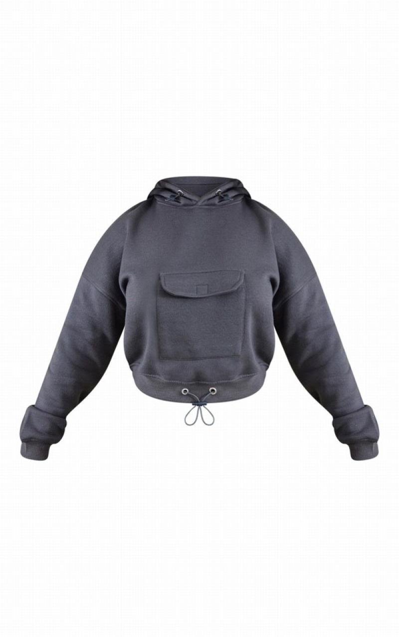 Grey Pretty Little Thing Shape Charcoal Toggle Pocket Detail Cropped Hoodie | YRPTOQB-03