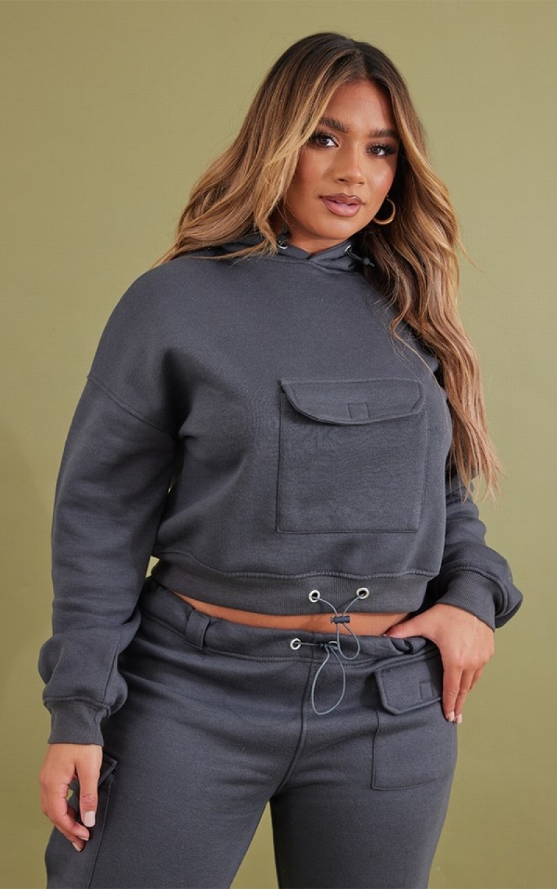 Grey Pretty Little Thing Shape Charcoal Toggle Pocket Detail Cropped Hoodie | YRPTOQB-03