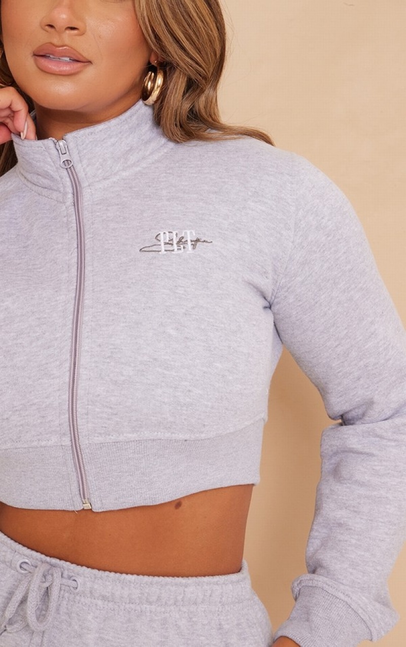 Grey Pretty Little Thing Shape Marl EmbroideCropped Zip Sweatshirts | UKYDQWI-74