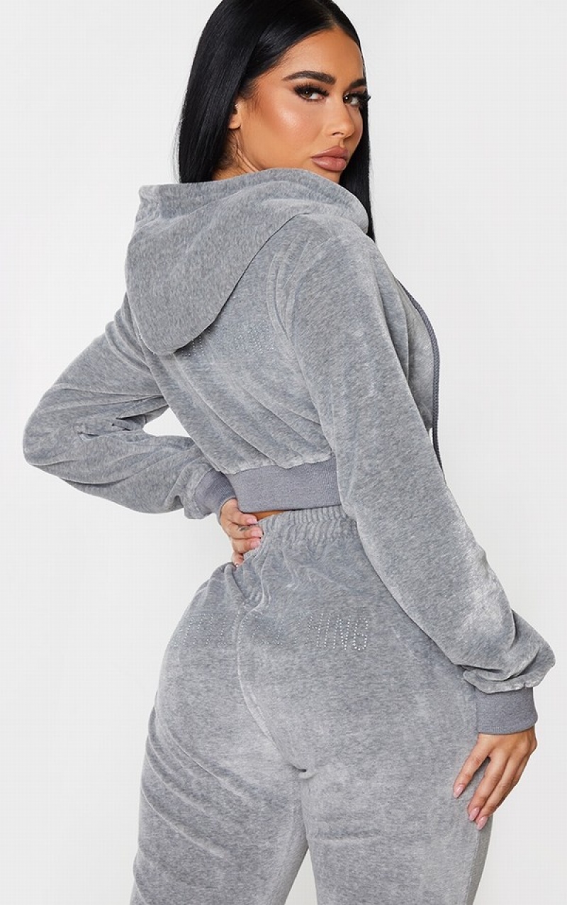 Grey Pretty Little Thing Shape Velour Extreme Crop Sweatshirts | HYINUQX-93