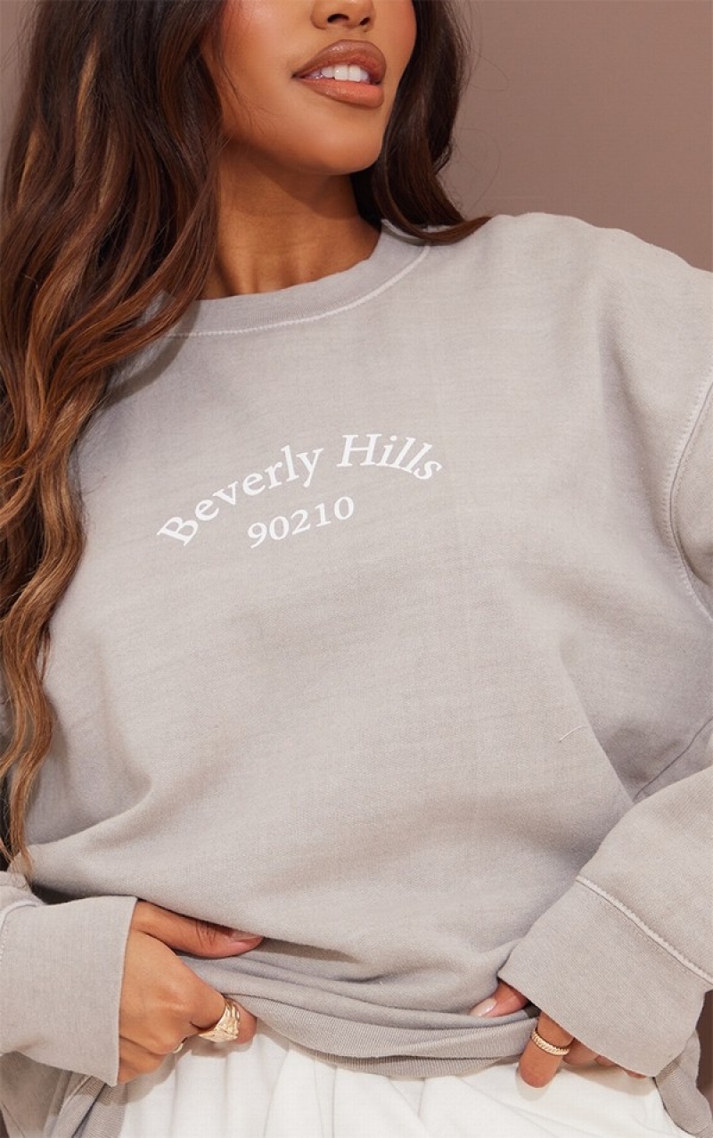 Grey Pretty Little Thing Stone Beverly Hills Printed Washed Sweatshirts | AQYZNOW-15