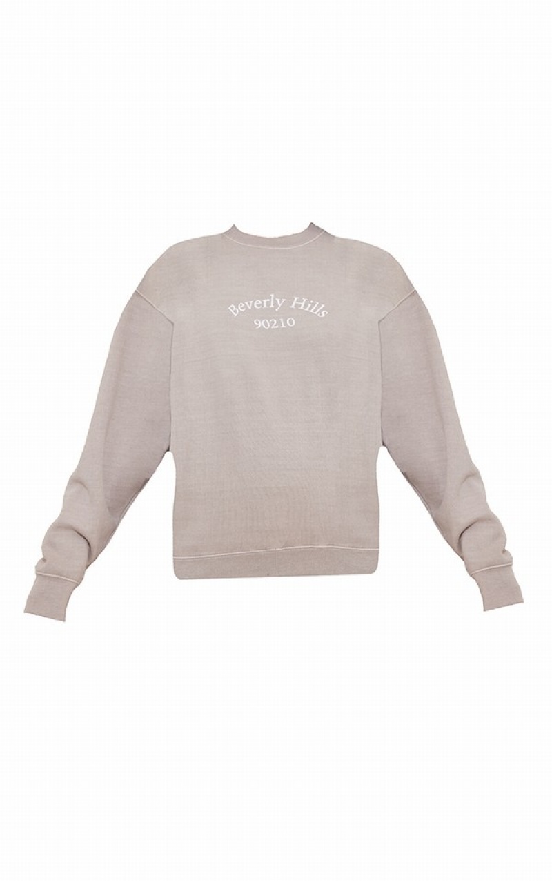 Grey Pretty Little Thing Stone Beverly Hills Printed Washed Sweatshirts | AQYZNOW-15