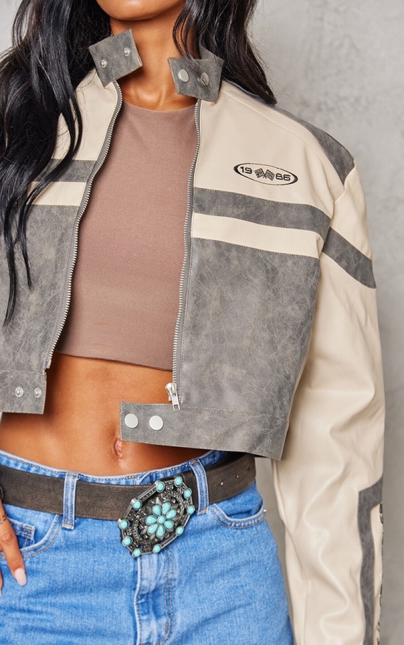 Grey Pretty Little Thing Stone Cropped Distressed Faux Leather Racer Jackets | HUCDIFG-36