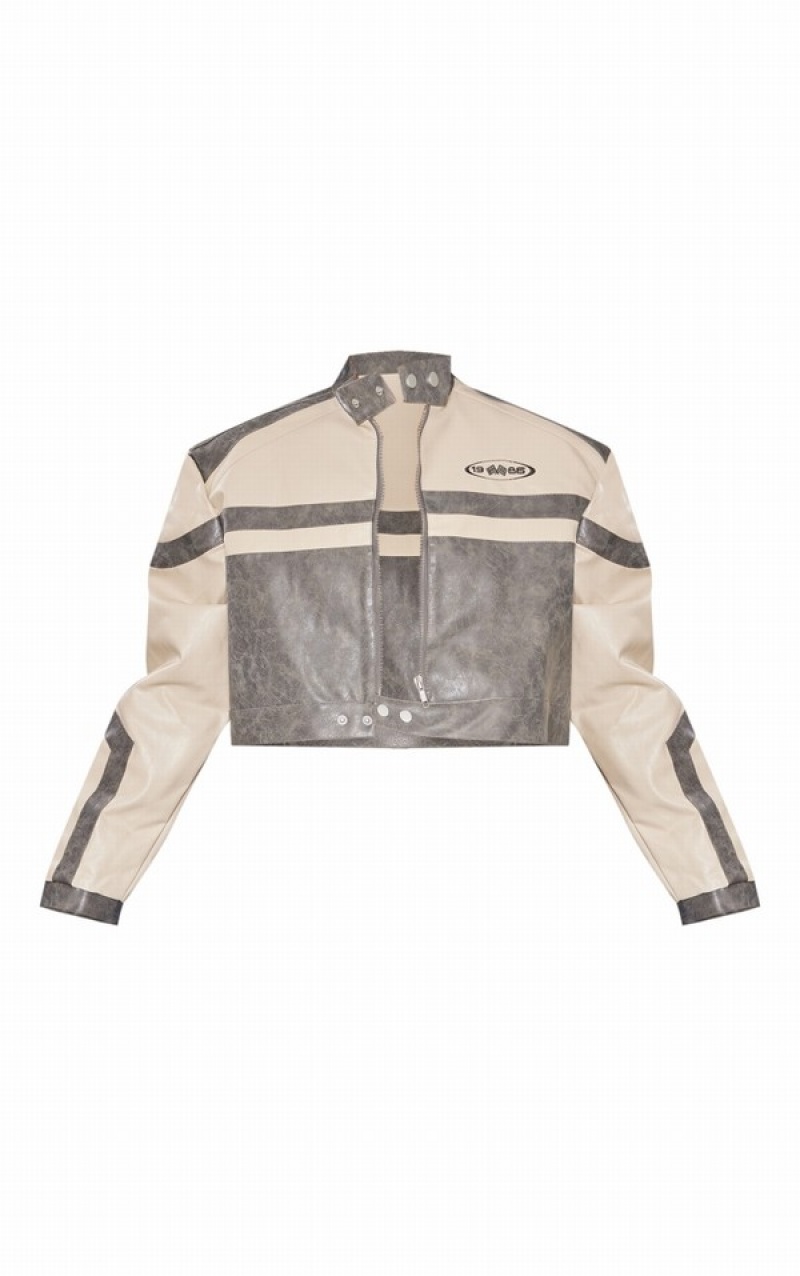 Grey Pretty Little Thing Stone Cropped Distressed Faux Leather Racer Jackets | HUCDIFG-36