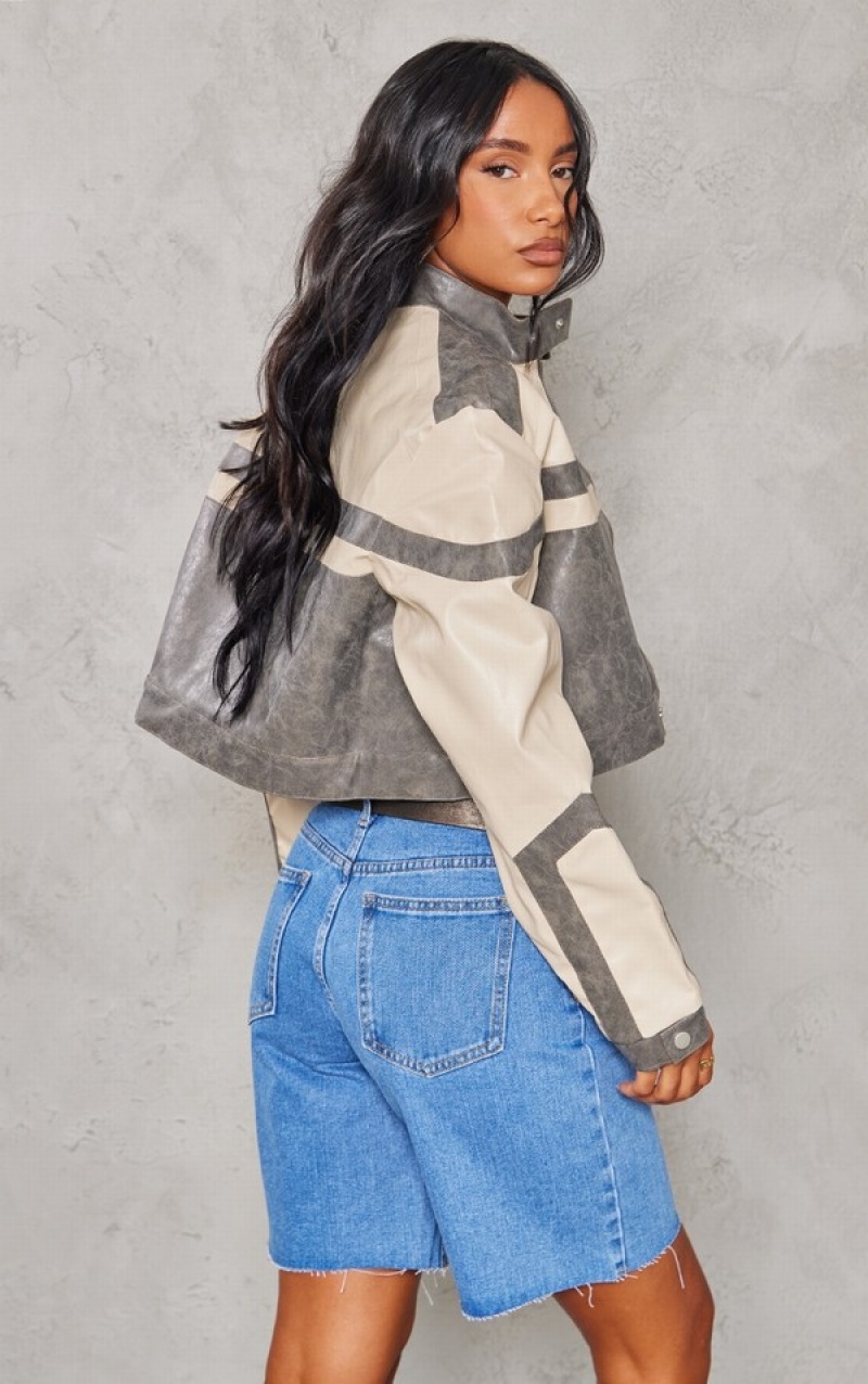 Grey Pretty Little Thing Stone Cropped Distressed Faux Leather Racer Jackets | HUCDIFG-36