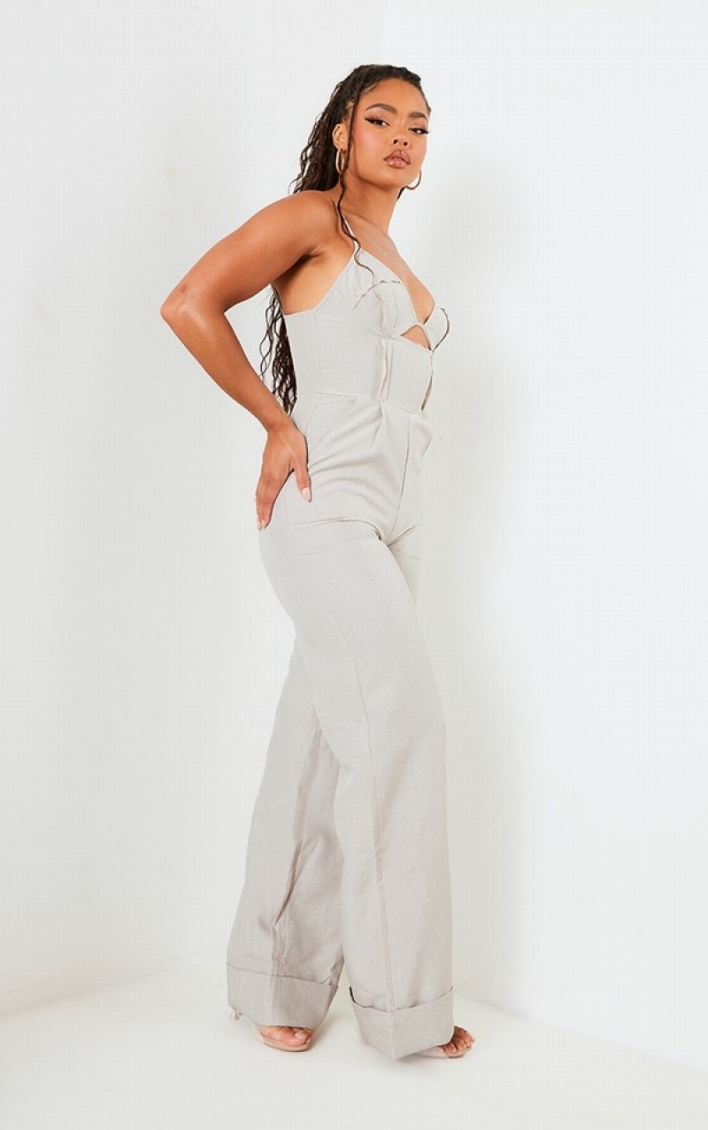 Grey Pretty Little Thing Stone Frayed Edge UnderwiStrappy Jumpsuits | RIACZUY-51