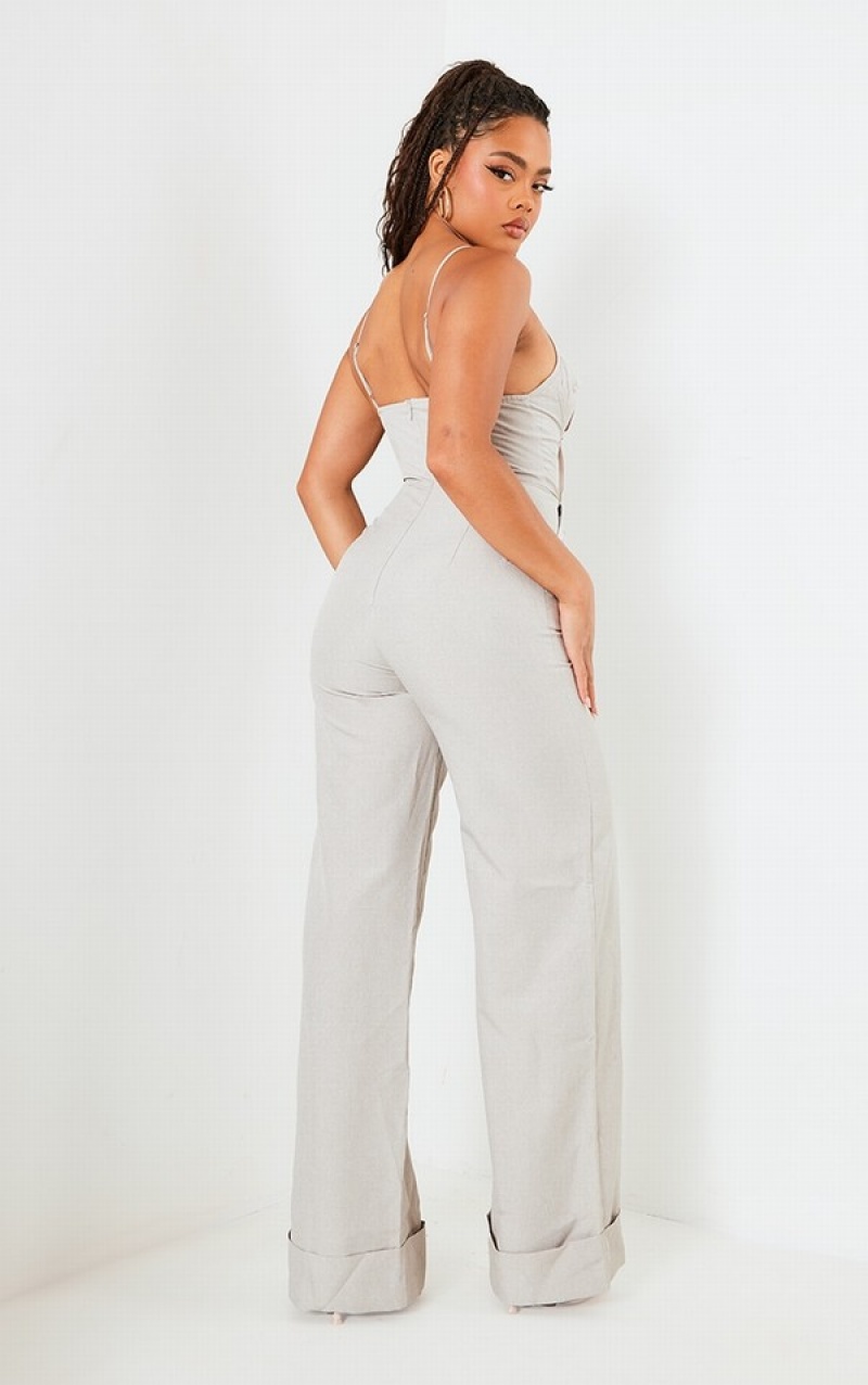 Grey Pretty Little Thing Stone Frayed Edge UnderwiStrappy Jumpsuits | RIACZUY-51