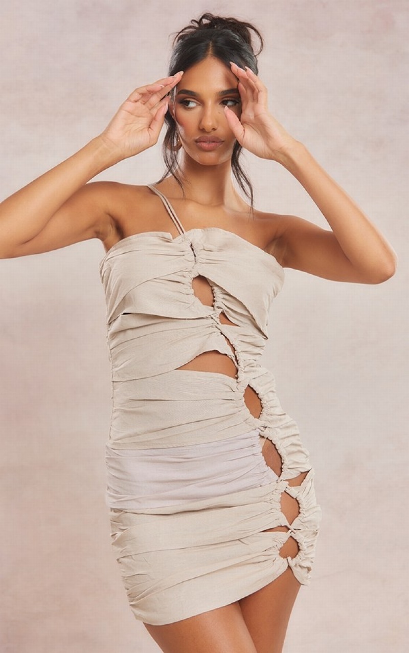 Grey Pretty Little Thing Stone Linen Look Cut Out Ruched Detail One Shoulder Bodycon Dresses | GYKZCIX-61