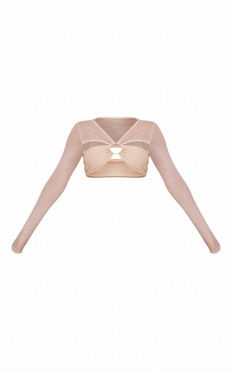 Grey Pretty Little Thing Stone Mesh Long Sleeve Cut Out Bikini Tops | RJAFDSI-39