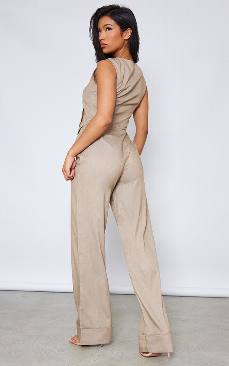 Grey Pretty Little Thing Stone TailoButton Detail Jumpsuits | KLAUCSJ-15