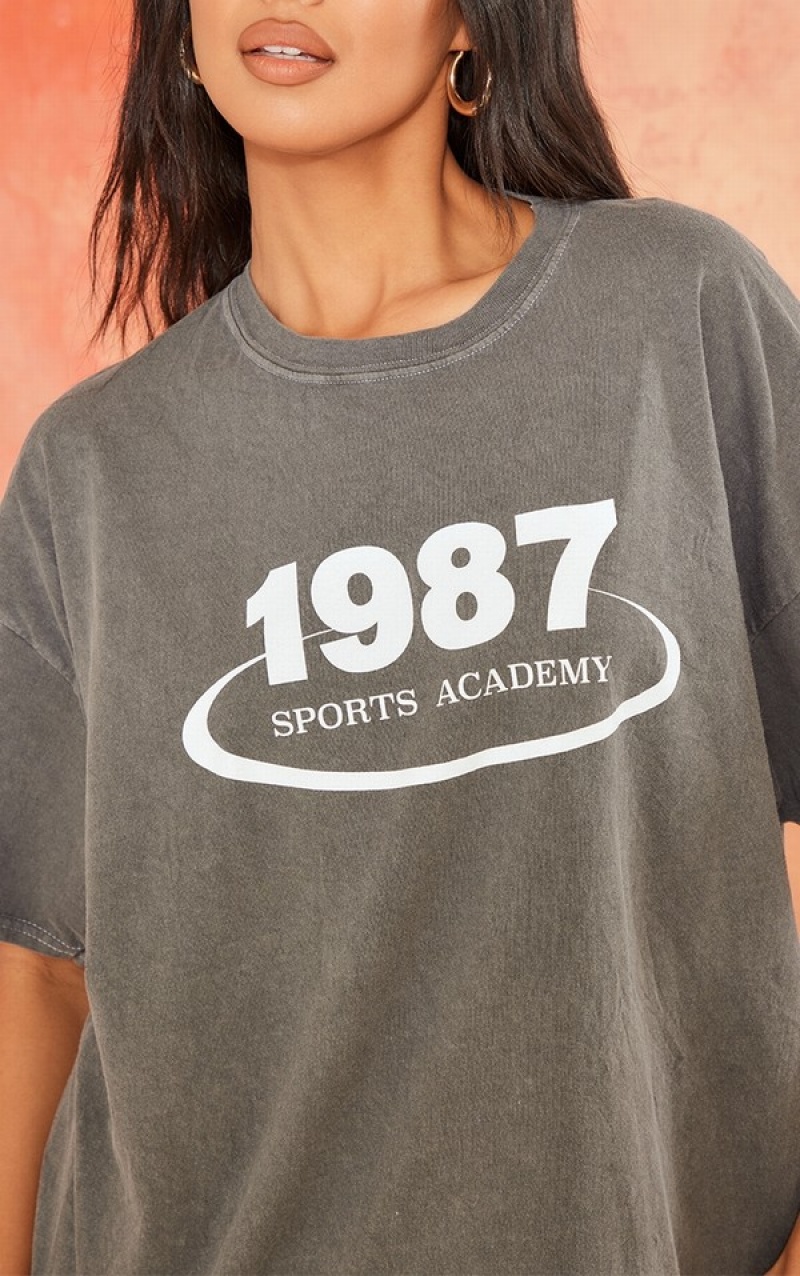 Grey Pretty Little Thing Stone Washed 1987 Sports Academy Printed T-shirts | ITUPZSF-32