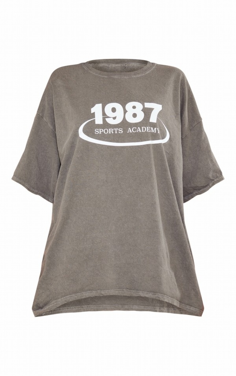 Grey Pretty Little Thing Stone Washed 1987 Sports Academy Printed T-shirts | ITUPZSF-32