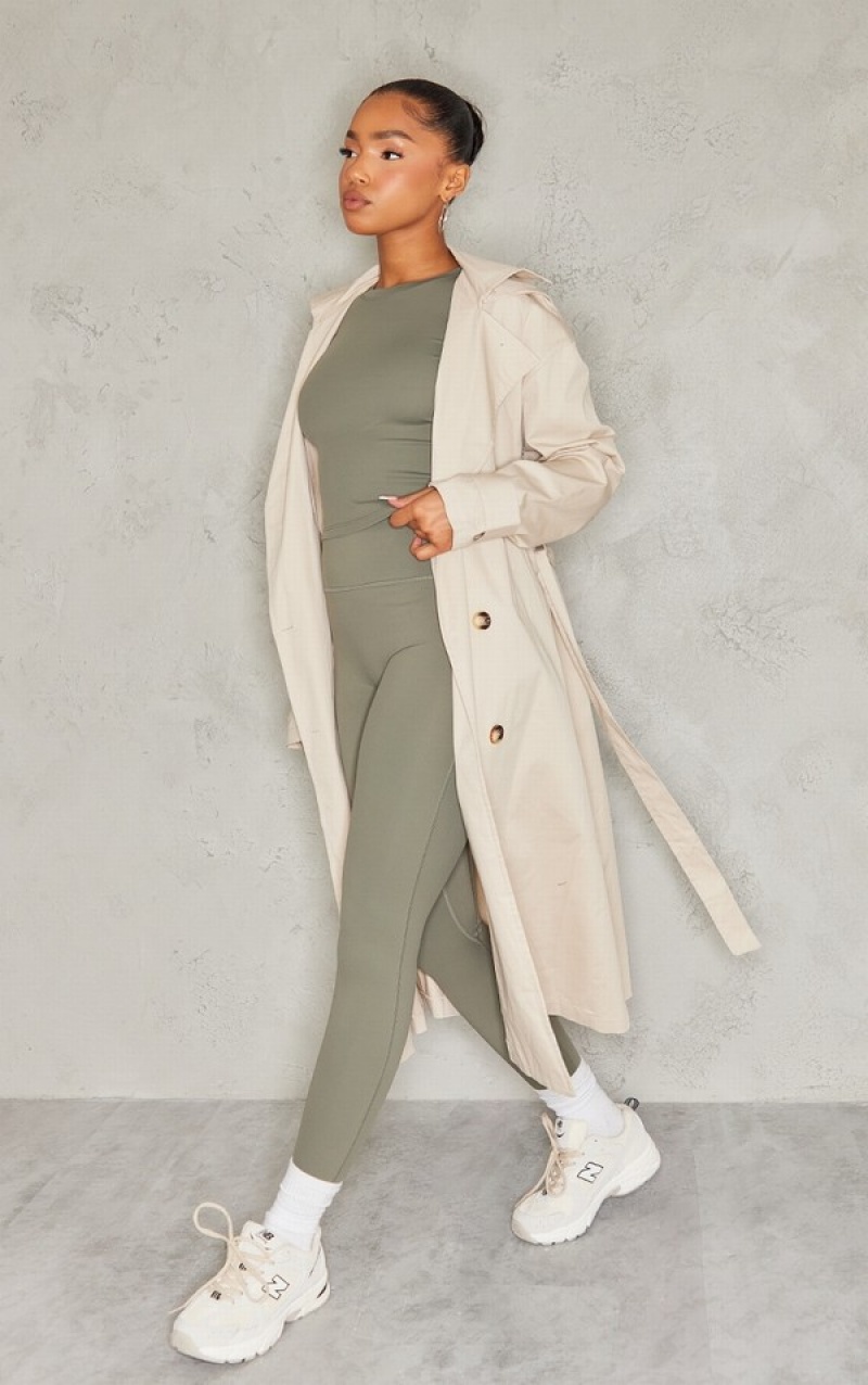 Grey Pretty Little Thing Stone Woven Hooded Trench Coats | BYRXTZN-19