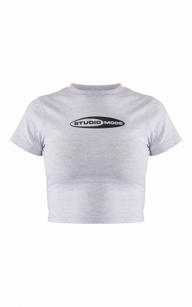 Grey Pretty Little Thing Studio Mode Printed Fitted Crop T-shirts | AULTRDC-32