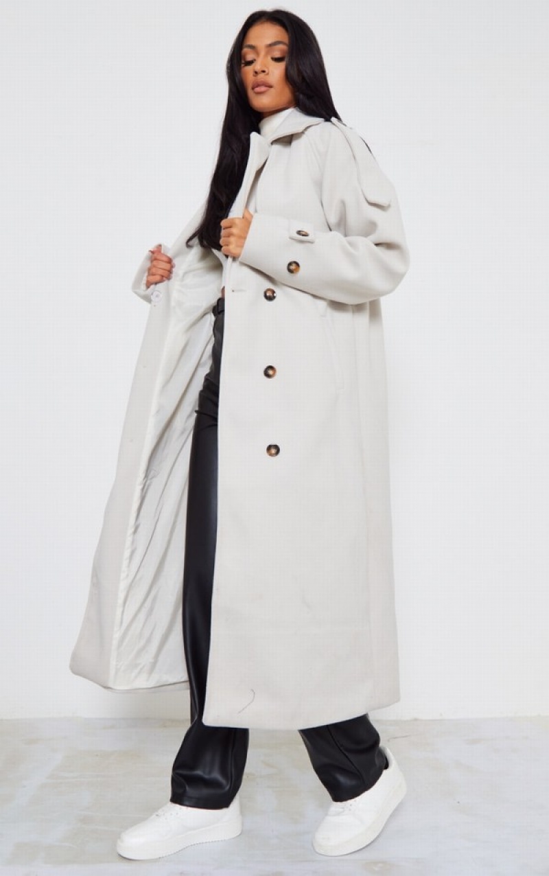 Grey Pretty Little Thing Tall Stone Oversized Double Breasted Military Trim Coats | HFGJKQO-45