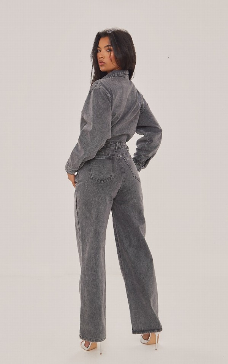 Grey Pretty Little Thing Washed Cargo Pocket Shoulder Padded Jumpsuits | SNTLDEJ-48