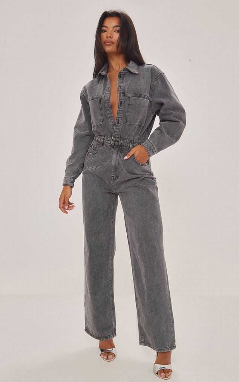 Grey Pretty Little Thing Washed Cargo Pocket Shoulder Padded Jumpsuits | SNTLDEJ-48