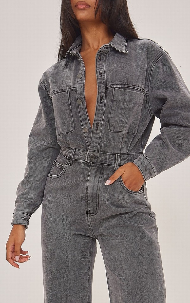 Grey Pretty Little Thing Washed Cargo Pocket Shoulder Padded Jumpsuits | SNTLDEJ-48