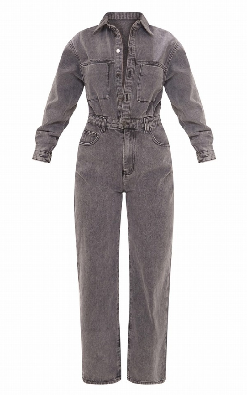 Grey Pretty Little Thing Washed Cargo Pocket Shoulder Padded Jumpsuits | SNTLDEJ-48