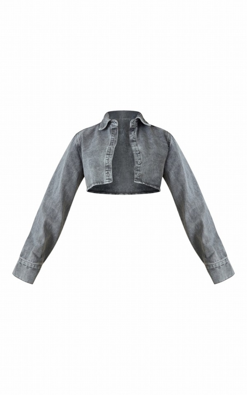 Grey Pretty Little Thing Washed Cropped Shirts | LEMXFUP-03