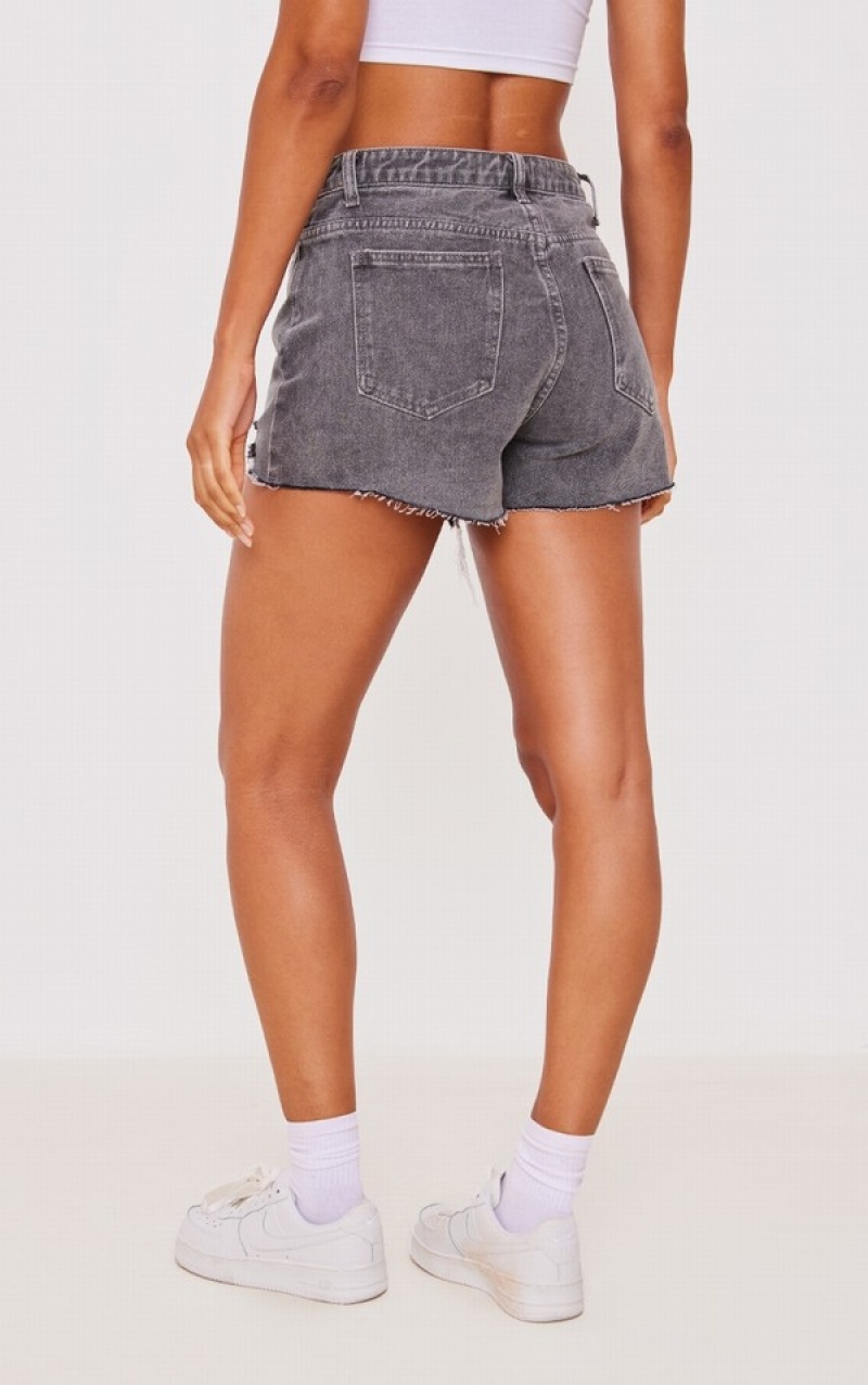 Grey Pretty Little Thing Washed Foldover Waistband Ripped Hem Shorts | DWUGKTR-84