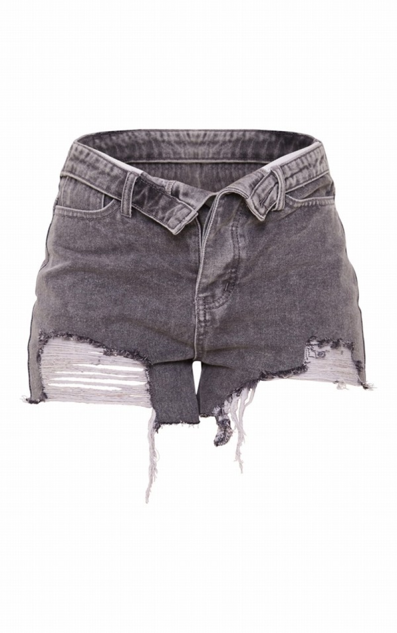 Grey Pretty Little Thing Washed Foldover Waistband Ripped Hem Shorts | DWUGKTR-84