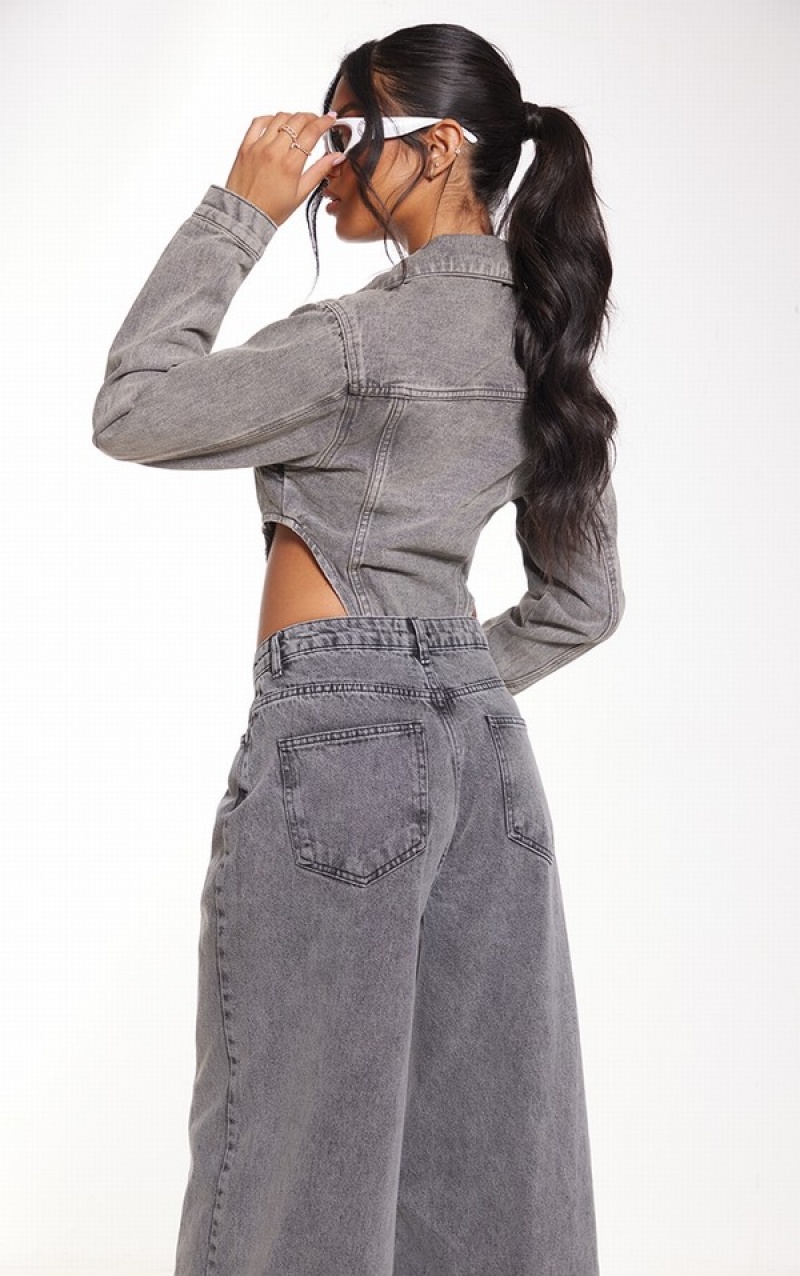 Grey Pretty Little Thing Washed Pocket Front High Side Bodysuits | KACFYBU-94