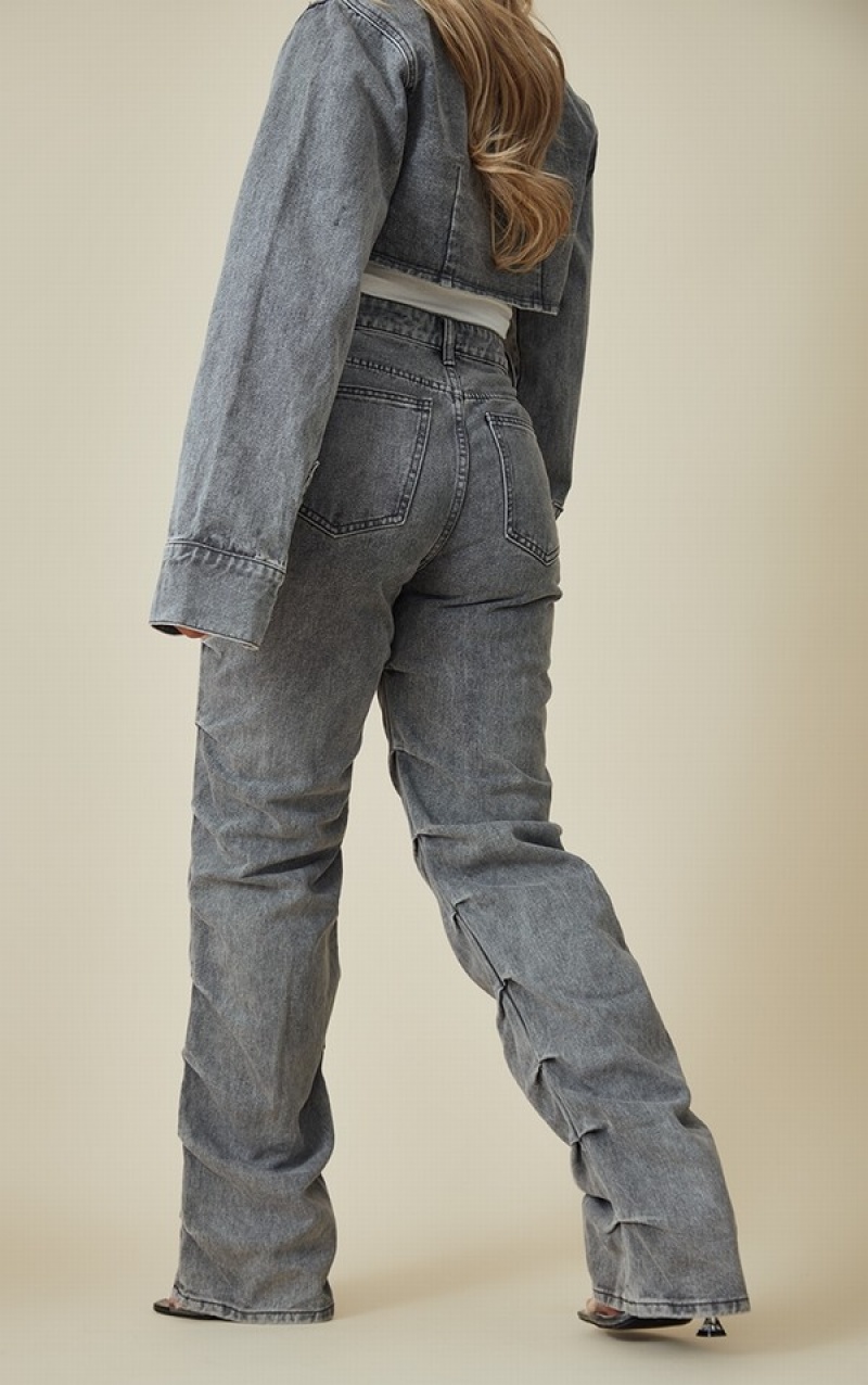 Grey Pretty Little Thing Washed Ruched Straight Leg Jeans | GICXTDM-74