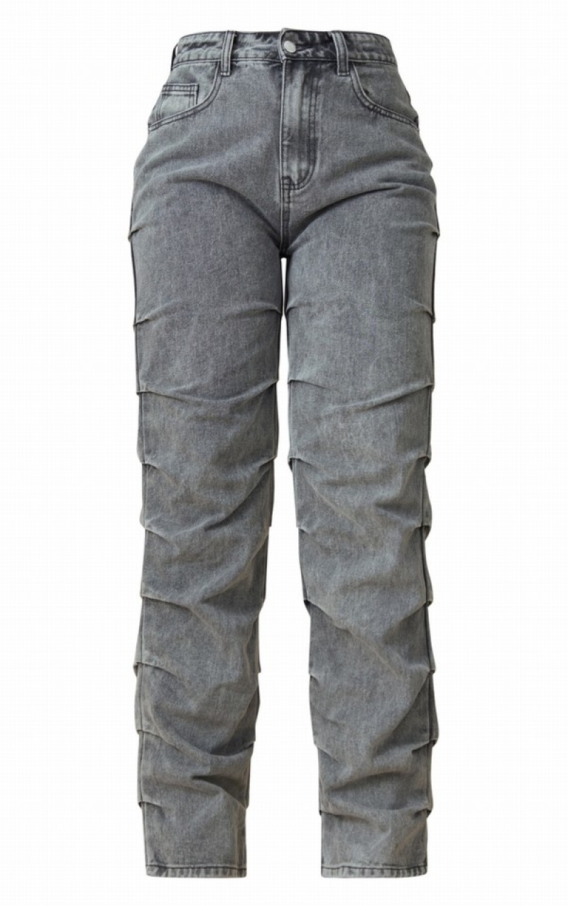 Grey Pretty Little Thing Washed Ruched Straight Leg Jeans | GICXTDM-74