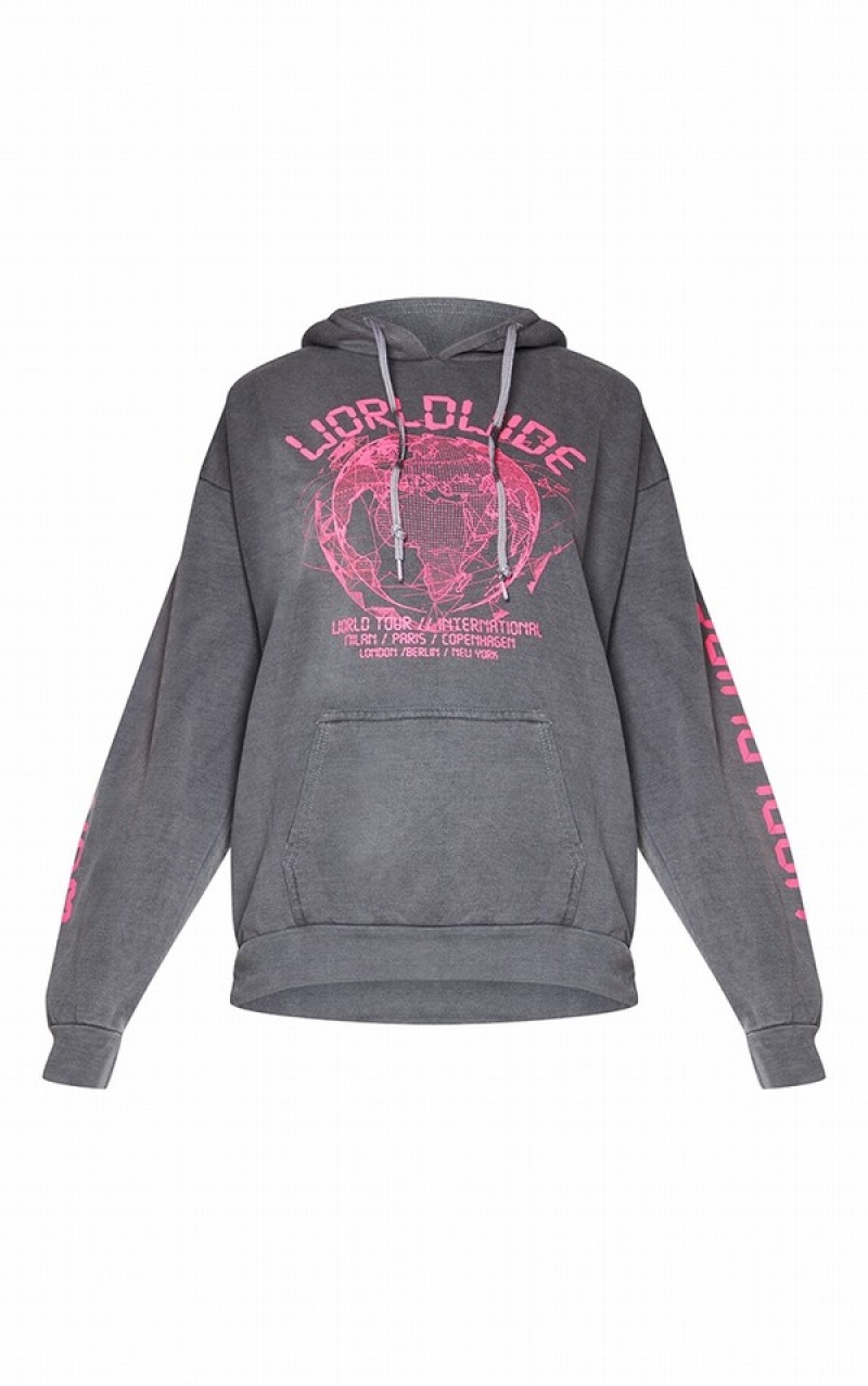 Grey Pretty Little Thing Worldwide Graphic Oversized Hoodie | HTRUILN-48