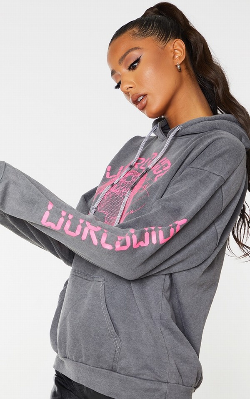 Grey Pretty Little Thing Worldwide Graphic Oversized Hoodie | HTRUILN-48